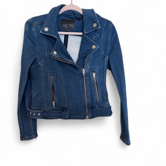 BLANK NYC Denim Moto Jacket Small Blue Zip Front Fitted Biker Style Jean Jacket - Picture 2 of 16